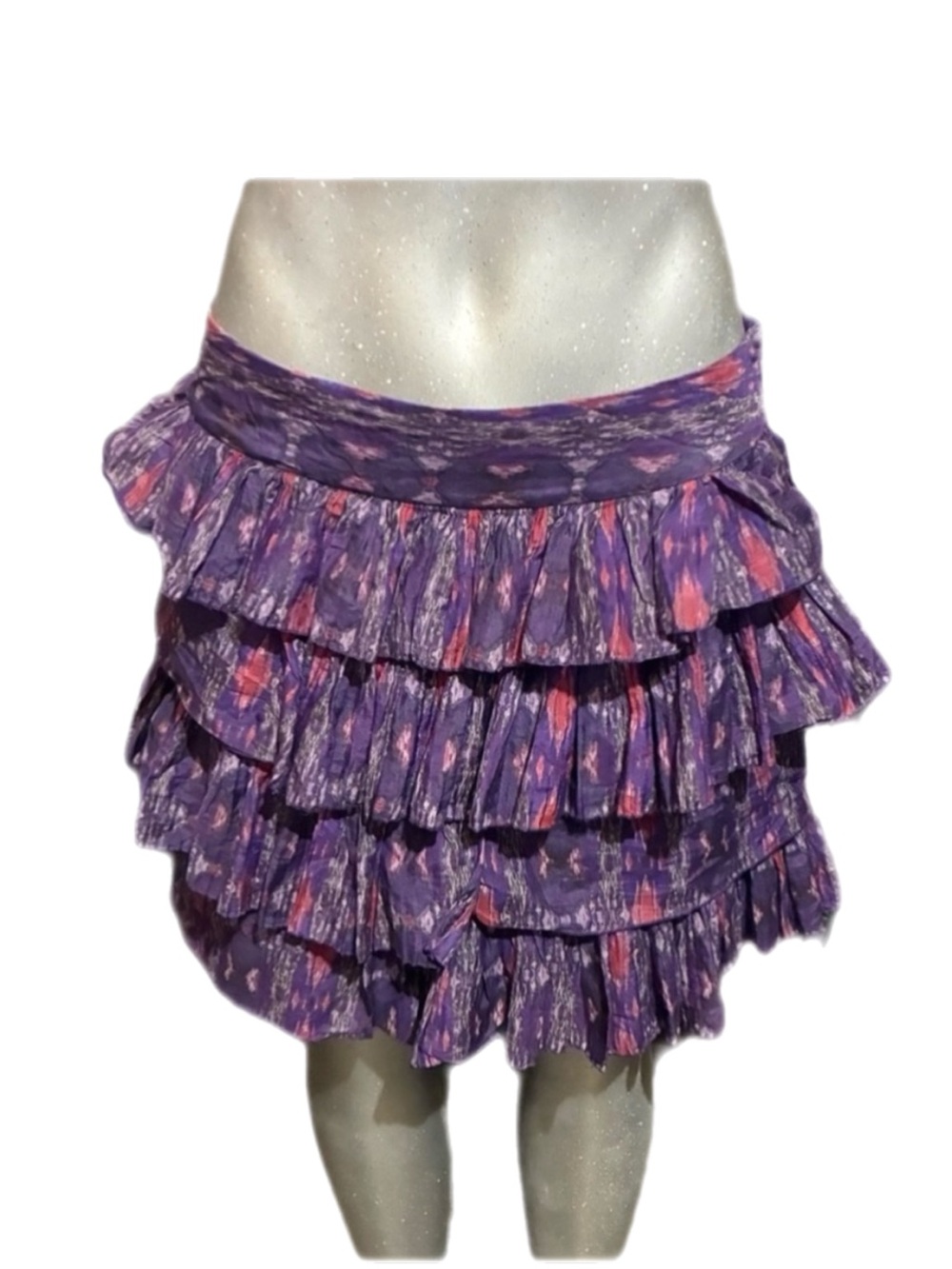 Y2K GAP Tiered Ruffle Mini Skirt Cotton/Silk Purple Ikat Print Low Rise Size 10